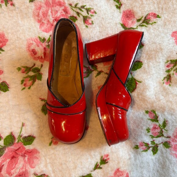 1940s PIN UP Real Patent Leather bright red leather sole Platform cuban heels fr - Picture 10 of 16